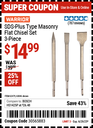 Buy the WARRIOR SDS-Plus Type Masonry Flat Chisel Set, 3-Piece (Item 63046/62479) for $14.99, valid through 6/29/2025.