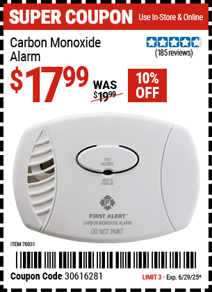 Buy the FIRST ALERT Carbon Monoxide Alarm (Item 70031) for $17.99, valid through 6/29/2025.