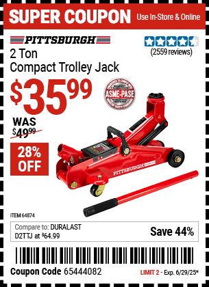 Buy the PITTSBURGH 2 Ton Compact Trolley Jack (Item 64874) for $35.99, valid through 6/29/2025.