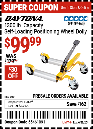 Buy the DAYTONA 1300 lb. Capacity Self-Loading Positioning Wheel Dolly (Item 64601) for $99.99, valid through 6/29/2025.