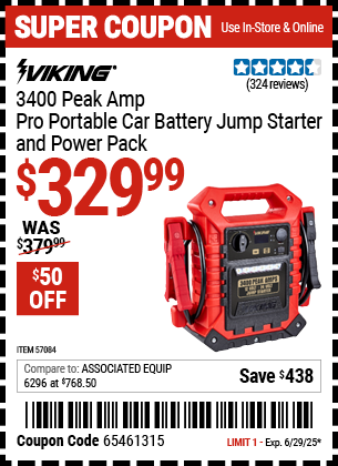 Buy the VIKING 3400 Peak Amp Pro Portable Car Battery Jump Starter and Power Pack (Item 57084) for $329.99, valid through 6/29/2025.