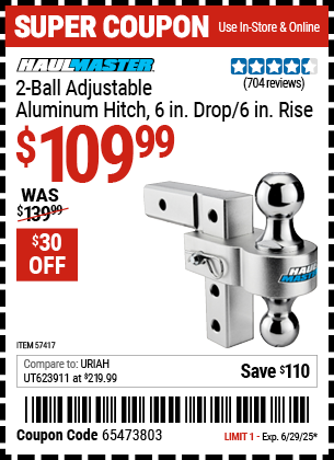 Buy the HAUL-MASTER 2-Ball Adjustable Aluminum Hitch, 6 in. Drop/6 in. Rise (Item 57417) for $109.99, valid through 6/29/2025.