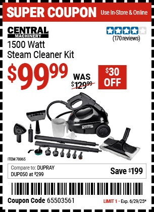 Buy the CENTRAL MACHINERY 1500 Watt Steam Cleaner Kit (Item 70065) for $99.99, valid through 6/29/2025.