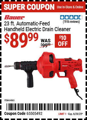 Buy the BAUER 23 ft. Automatic-Feed Handheld Electric Drain Cleaner (Item 64063) for $89.99, valid through 6/29/2025.