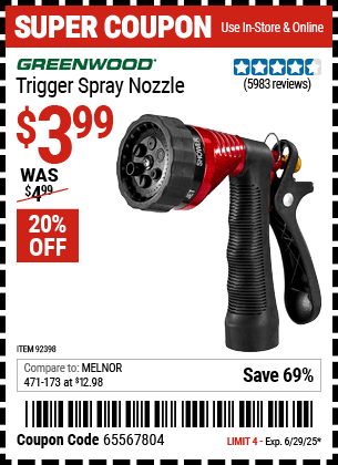Buy the GREENWOOD Trigger Spray Nozzle (Item 92398/62177) for $3.99, valid through 6/29/2025.