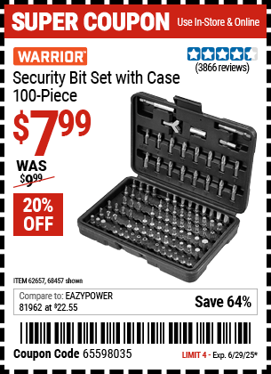 Buy the WARRIOR Security Bit Set with Case, 100-Piece (Item 68457/62657) for $7.99, valid through 6/29/2025.