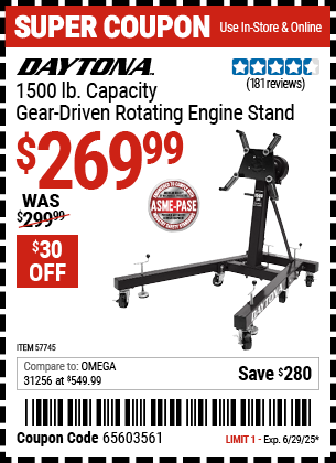 Buy the DAYTONA 1500 lb. Capacity Gear-Driven Rotating Engine Stand (Item 57745) for $269.99, valid through 6/29/2025.