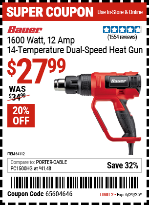 Buy the BAUER 1600 Watt, 12 Amp, 14 Temperature Dual-Speed Heat Gun (Item 64112) for $27.99, valid through 6/29/2025.