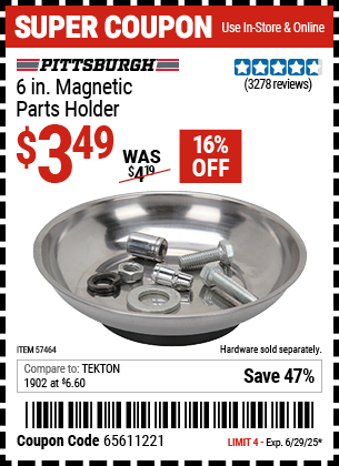 Buy the PITTSBURGH 6 in. Magnetic Parts Holder (Item 57464) for $3.49, valid through 6/29/2025.