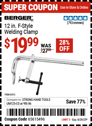 Buy the BERGER 12 in. F-Style Welding Clamp (Item 63512) for $19.99, valid through 6/29/2025.