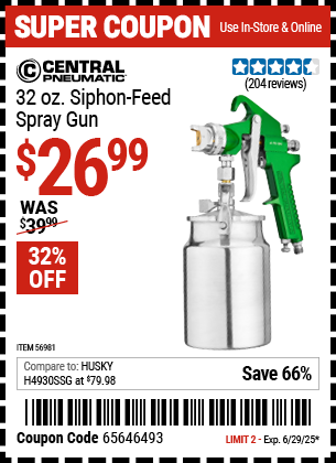 Buy the CENTRAL PNEUMATIC 32 oz. Siphon-Feed Spray Gun (Item 56981) for $26.99, valid through 6/29/2025.