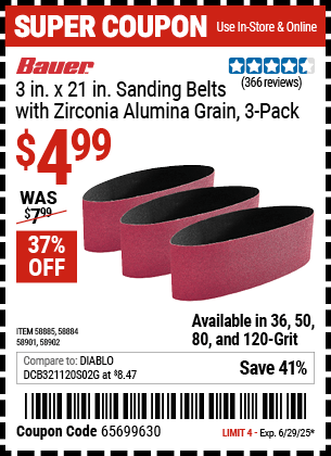 Buy the BAUER 3 in. x 21 in. Sanding Belts with Zirconia Alumina Grain, 3-Pack (Item 58884/58885/58901/58902) for $4.99, valid through 6/29/2025.