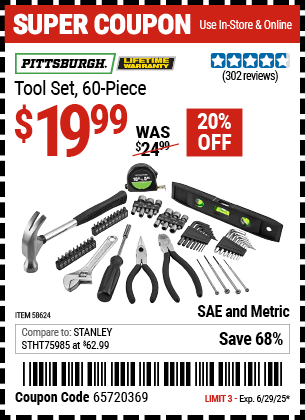 Buy the PITTSBURGH Tool Set, 60-Piece (Item 58624) for $19.99, valid through 6/29/2025.