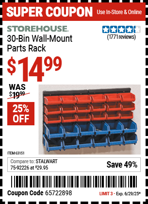 Buy the STOREHOUSE 30-Bin Wall-Mount Parts Rack (Item 63151) for $14.99, valid through 6/29/2025.
