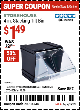 Buy the STOREHOUSE 4 in. Stacking Tilt Bin (Item 56327) for $1.49, valid through 6/29/2025.