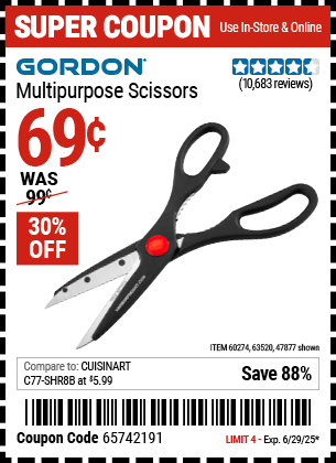 Buy the GORDON Multipurpose Scissors (Item 47877/60274/63520) for $0.69, valid through 6/29/2025.