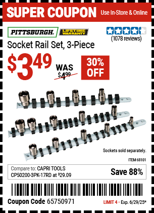 Buy the PITTSBURGH Socket Rail Set, 3 Piece (Item 68101) for $3.49, valid through 6/29/2025.
