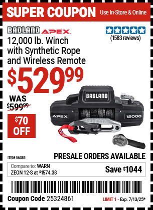 Buy the BADLAND APEX 12,000 lb. Winch with Synthetic Rope and Wireless Remote (Item 56385) for $529.99, valid through 7/13/2025.