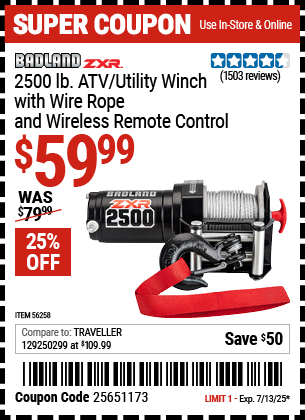 Buy the BADLAND ZXR 2500 lb. ATV/Utility Winch with Wire Rope and Wireless Remote Control (Item 56258) for $59.99, valid through 7/13/2025.