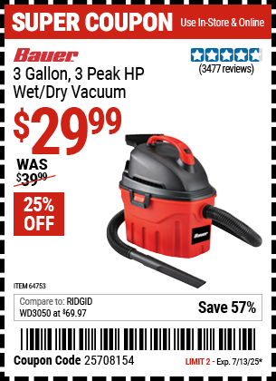 Buy the BAUER 3 Gallon, 3 Peak HP Wet/Dry Vacuum (Item 64753) for $29.99, valid through 7/13/2025.