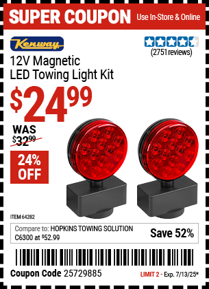 Buy the KENWAY 12V Magnetic LED Towing Light Kit (Item 64282) for $24.99, valid through 7/13/2025.