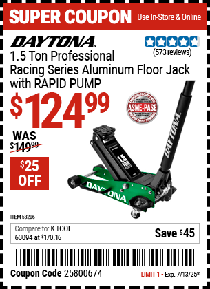 Buy the DAYTONA 1.5 Ton Professional Racing Series Aluminum Floor Jack with RAPID PUMP (Item 58206) for $124.99, valid through 7/13/2025.