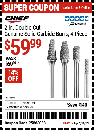 Buy the CHIEF 2 in. Double-Cut Genuine Solid Carbide Burrs, 4-Piece (Item 56405) for $59.99, valid through 7/13/2025.