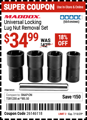 Buy the MADDOX Universal Locking Lug Nut Removal Set (Item 58535) for $34.99, valid through 7/13/2025.