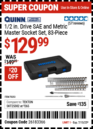 Buy the QUINN 1/2 in. Drive SAE and Metric Master Socket Set, 83-Piece (Item 70253) for $129.99, valid through 7/13/2025.