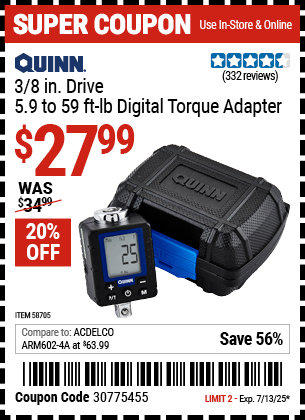Buy the QUINN 3/8 in. Drive, 5.9 to 59 ft-lb Digital Torque Adapter (Item 58705) for $27.99, valid through 7/13/2025.