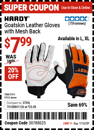 Buy the HARDY Goatskin Leather Gloves with Mesh Back (Item 57511/57512) for $7.99, valid through 7/13/2025.