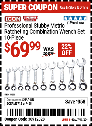Buy the ICON Professional Stubby Metric Ratcheting Combination Wrench Set, 10-Piece (Item 64838) for $69.99, valid through 7/13/2025.