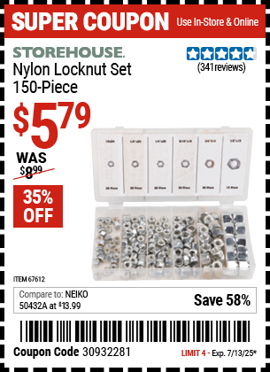 Buy the STOREHOUSE Nylon Locknut Set, 150-Piece (Item 67612) for $5.79, valid through 7/13/2025.