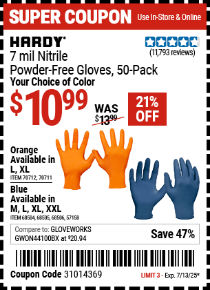 Buy the HARDY 7 mil Nitrile Powder-Free Gloves, 50-Pack (Item 57158/68504/68505/68506/70711/70712) for $10.99, valid through 7/13/2025.