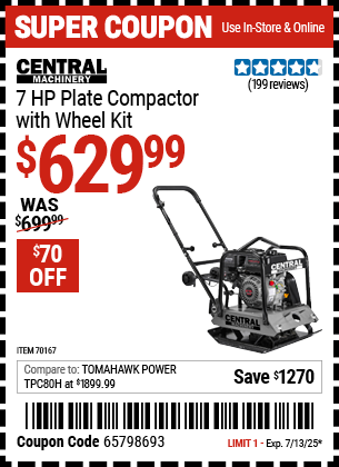 Buy the CENTRAL MACHINERY 7 HP Plate Compactor with Wheel Kit (Item 70167) for $629.99, valid through 7/13/2025.