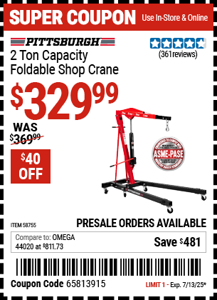 Buy the PITTSBURGH 2 Ton Capacity Foldable Shop Crane (Item 58755) for $329.99, valid through 7/13/2025.