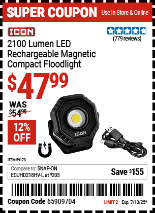Buy the ICON 2100 Lumen LED Rechargeable Magnetic Compact Floodlight, Black (Item 59170) for $47.99, valid through 7/13/2025.