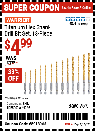 Buy the WARRIOR Titanium Hex Shank Drill Bit Set, 13-Piece (Item 61621/1800) for $4.99, valid through 7/13/2025.