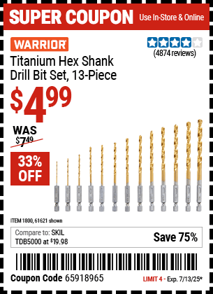 Buy the WARRIOR Titanium Hex Shank Drill Bit Set, 13-Piece (Item 61621/1800) for $4.99, valid through 7/13/2025.