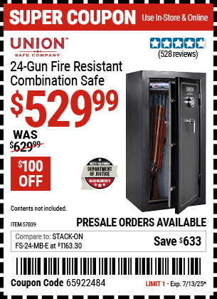Buy the UNION SAFE COMPANY 24-Gun Fire Resistant Combination Safe (Item 57039) for $529.99, valid through 7/13/2025.