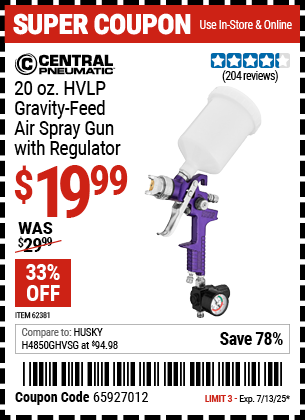 Buy the CENTRAL PNEUMATIC 20 oz. HVLP Gravity-Feed Air Spray Gun with Regulator (Item 62381) for $19.99, valid through 7/13/2025.