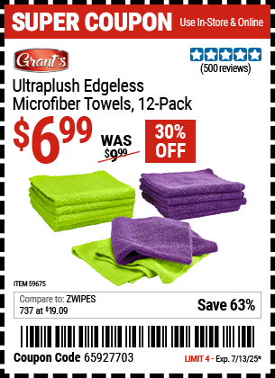 Buy the GRANT'S Ultraplush Edgeless Microfiber Towels, 12-Pack (Item 59675) for $6.99, valid through 7/13/2025.