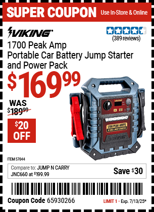 Buy the VIKING 1700 Peak Amp Portable Car Battery Jump Starter and Power Pack (Item 57044) for $169.99, valid through 7/13/2025.