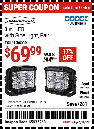 Buy the ROADSHOCK 3 in. LED with Sidelight, Pair (Item 57538/57539) for $69.99, valid through 7/13/2025.