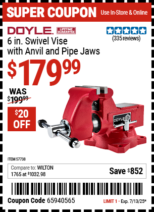 Buy the DOYLE 6 in. Swivel Vise with Anvil and Pipe Jaws (Item 57738) for $179.99, valid through 7/13/2025.
