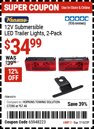 Buy the KENWAY 12V Submersible LED Trailer Lights, 2-Pack (Item 64274) for $34.99, valid through 7/13/2025.