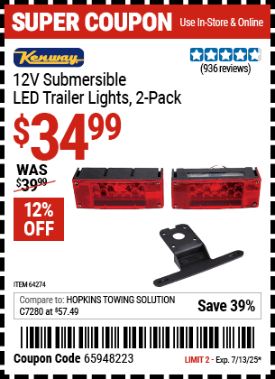 Buy the KENWAY 12V Submersible LED Trailer Lights, 2-Pack (Item 64274) for $34.99, valid through 7/13/2025.
