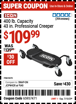 Buy the ICON 400 lb. Capacity 43 in. Professional Creeper (Item 58470) for $109.99, valid through 7/13/2025.
