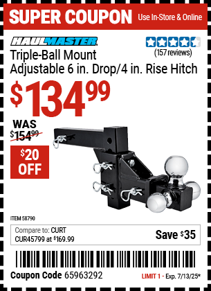 Buy the HAUL-MASTER Triple-Ball Mount Adjustable 6 in. Drop/4 in. Rise Hitch (Item 58790) for $134.99, valid through 7/13/2025.