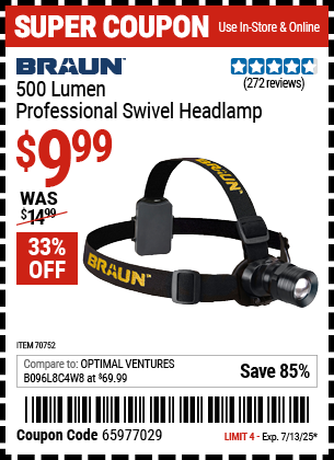 Buy the BRAUN 500 Lumen Professional Swivel Headlamp (Item 70752) for $9.99, valid through 7/13/2025.